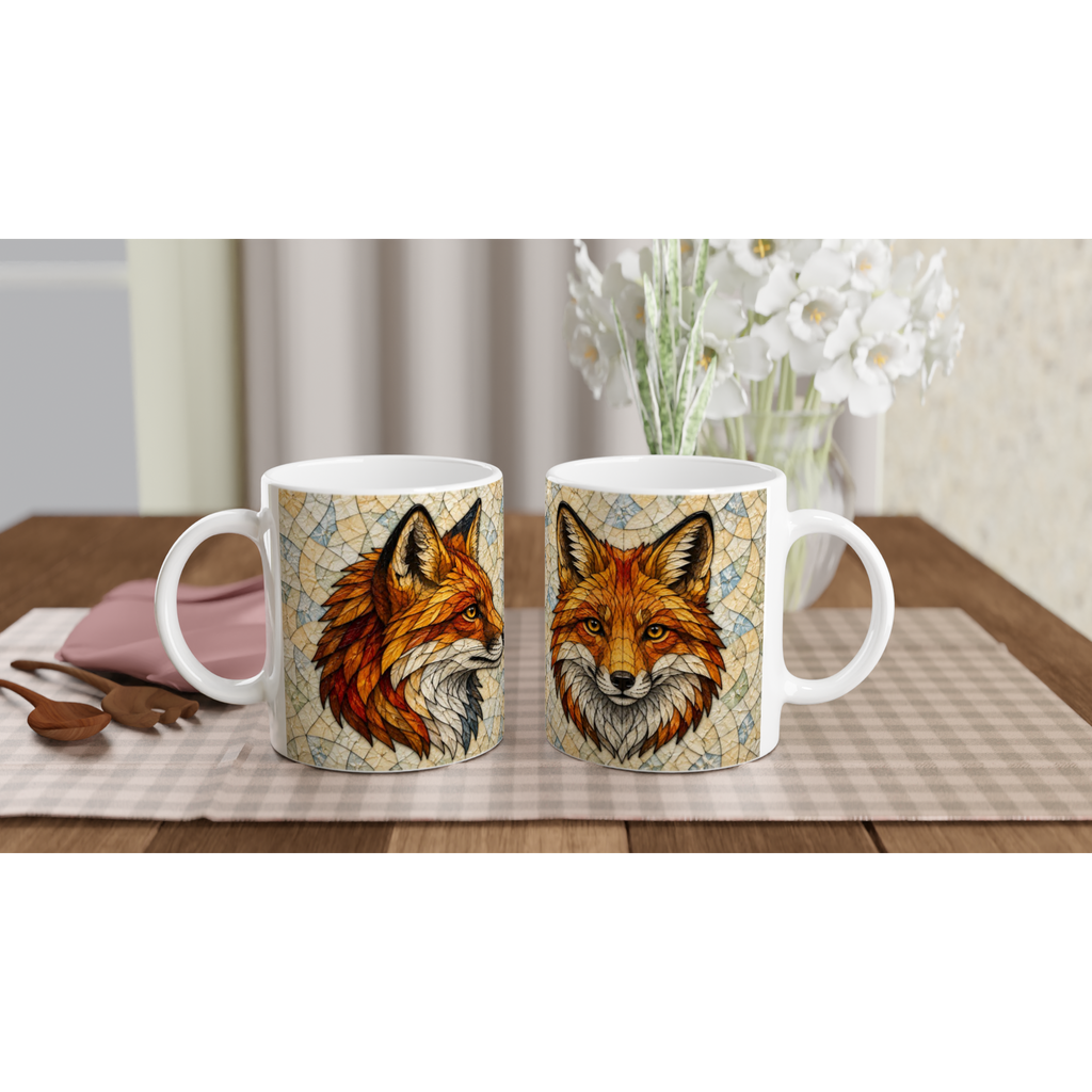 Paire de mugs en céramique blanche avec motifs de têtes de renard roux