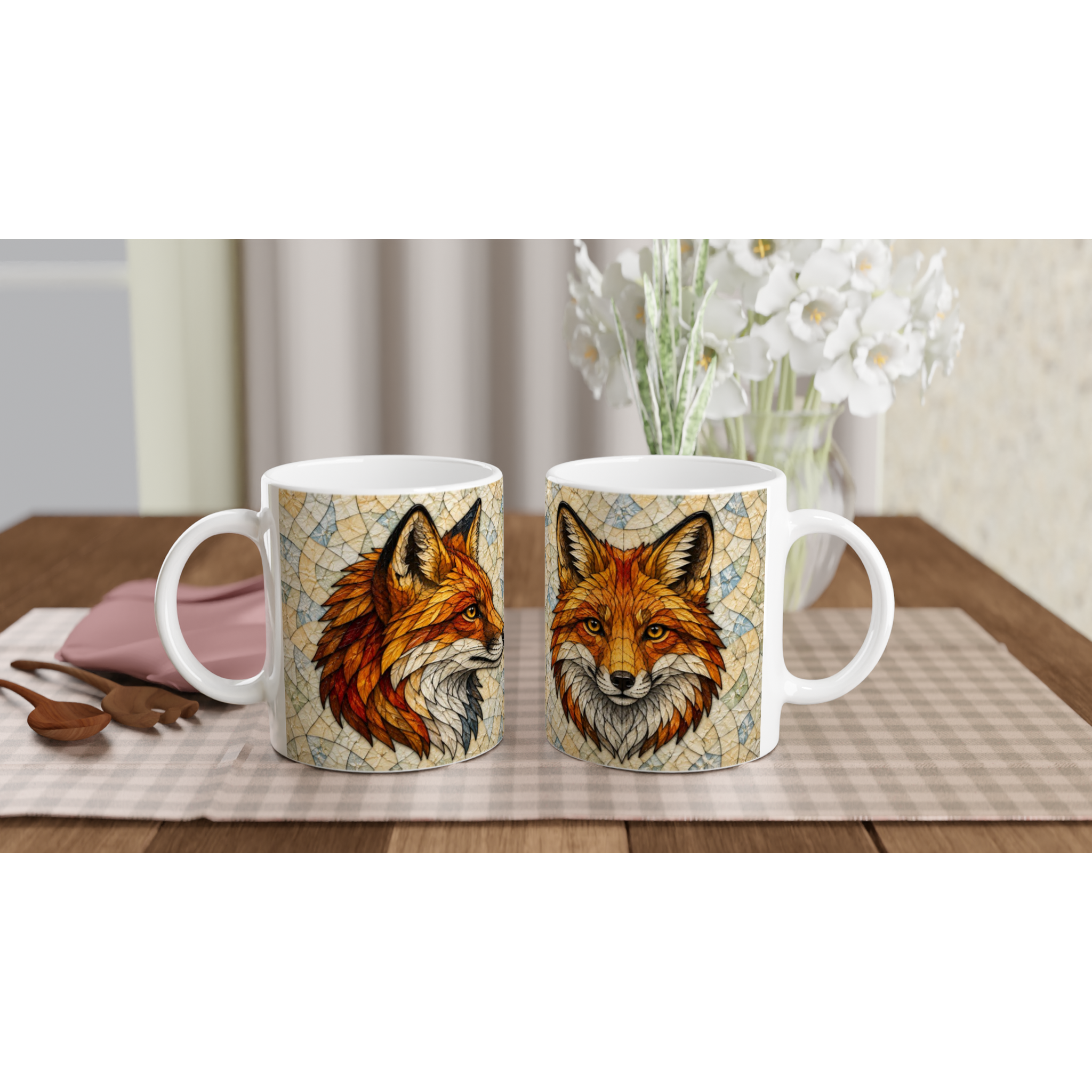 Paire de mugs en céramique blanche avec motifs de têtes de renard roux