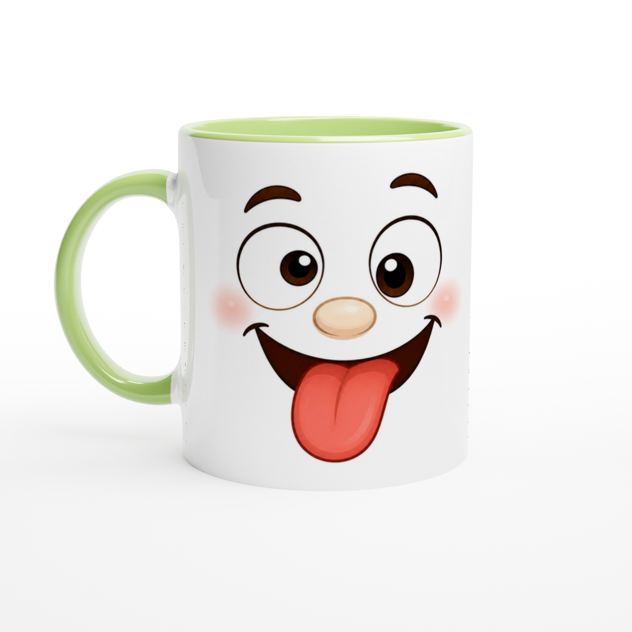 Mug en céramique blanche à poignée vert clair, visage cartoon souriant, intérieur vert.