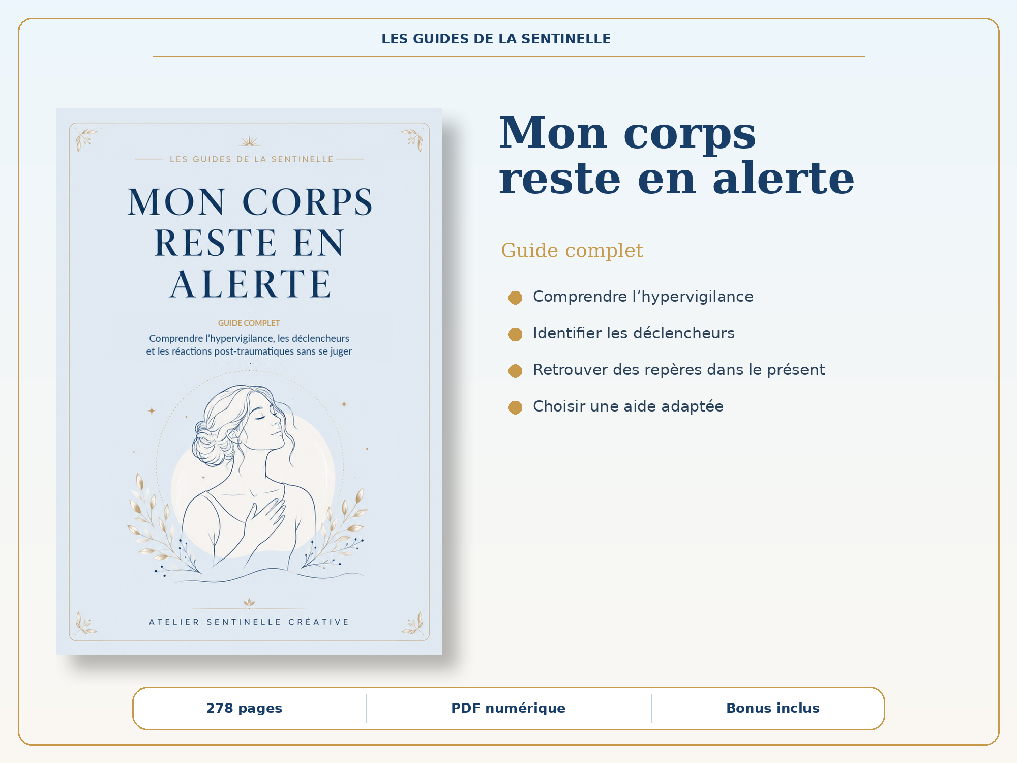 Guide d’hypervigilance « Mon corps reste en alerte », couverture beige et silhouette, PDF.