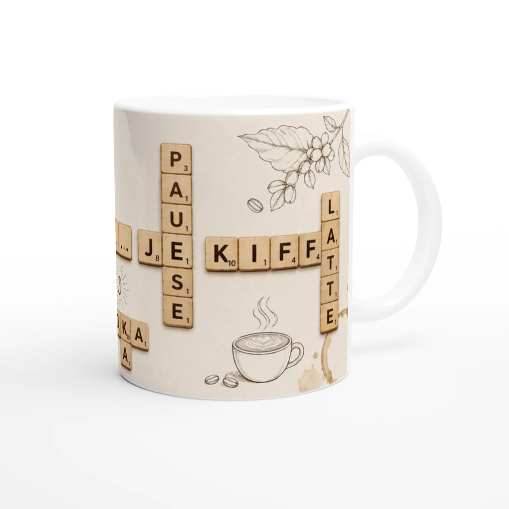 Mug blanc avec motif fleurs, lettres Scrabble et dessin de tasse