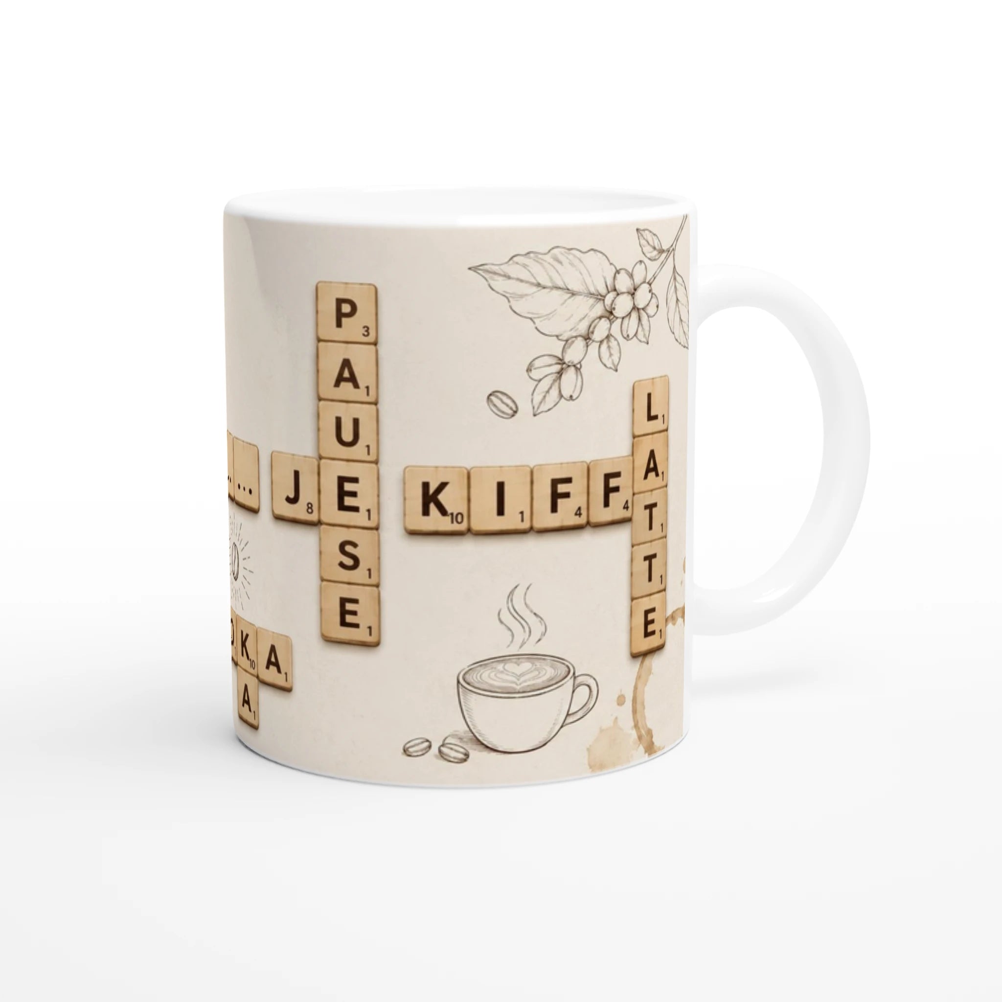 Mug blanc avec motif fleurs, lettres Scrabble et dessin de tasse