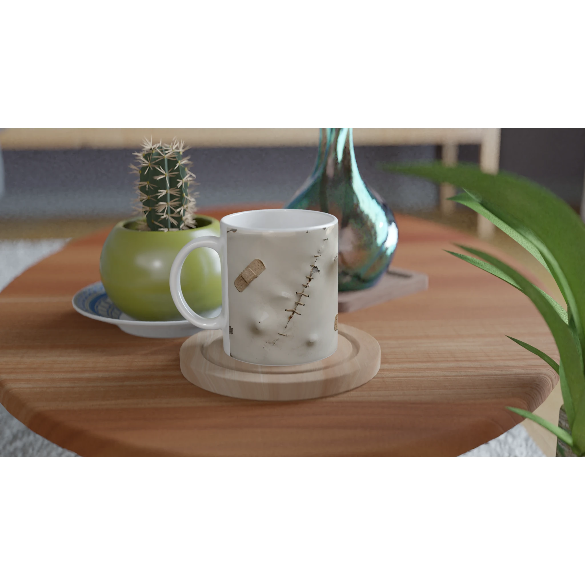 Mug blanc avec pansement beige et couture style suture sur le côté