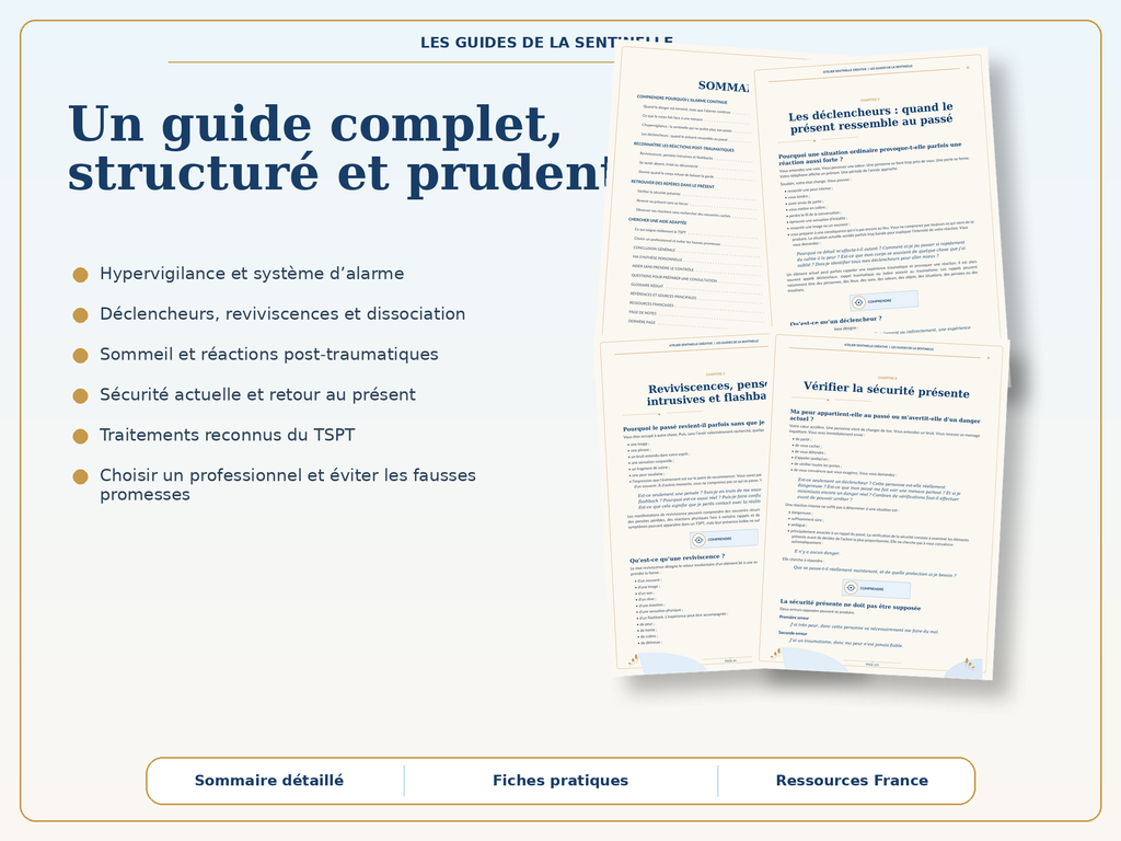 Guide d’hypervigilance, pages intérieures ouvertes avec sommaire et sections pratiques.
