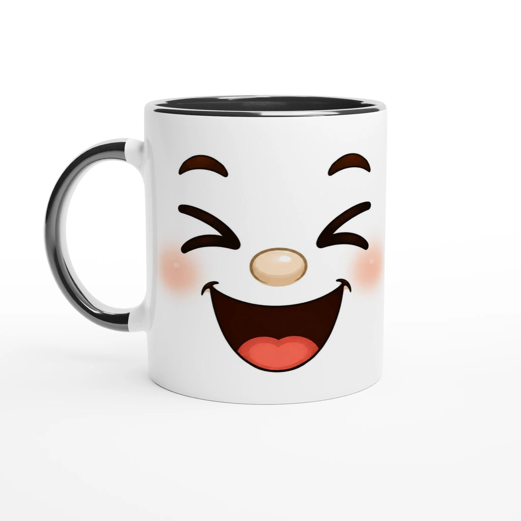 Mug en céramique blanc avec visage kawaii souriant, anse et bord noirs