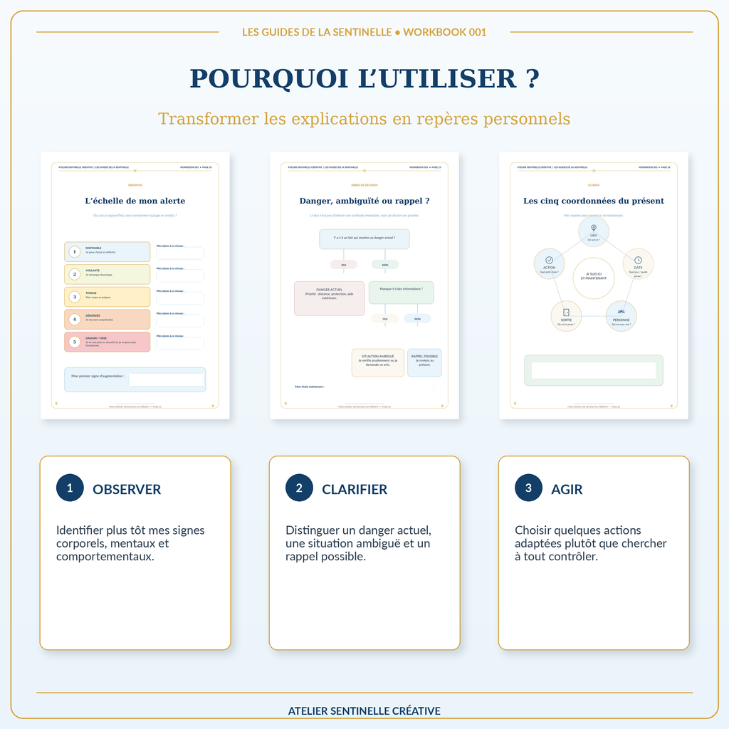 Page “Pourquoi l’utiliser ?” montrant 3 étapes : observer, clarifier, agir, avec schémas.