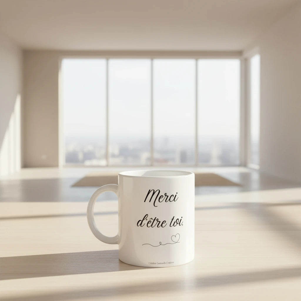 Mug blanc « Merci d'être toi » posé, cœur et guirlande au bas du texte