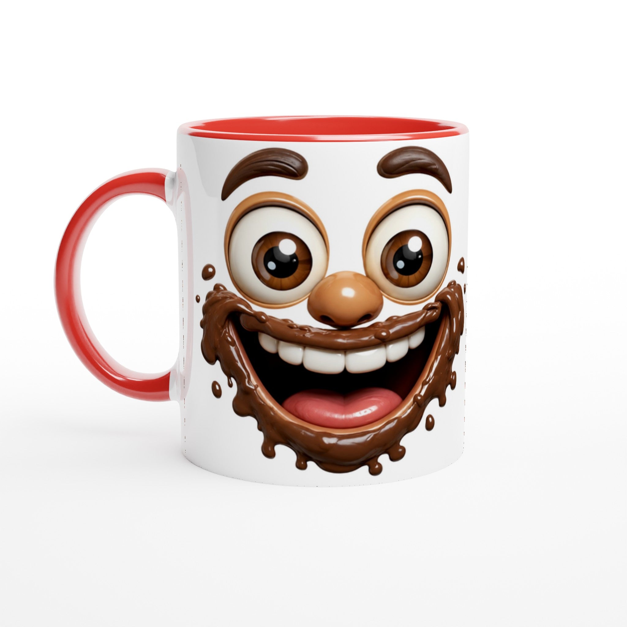 Mug en céramique blanc au visage chocolaté avec anses rouge et décoration souriante