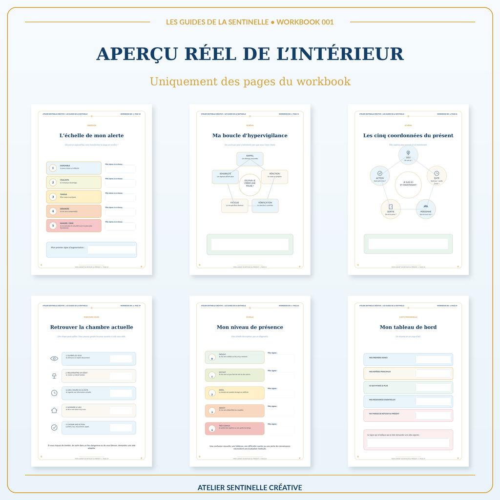 Aperçu de l’intérieur : vignettes de pages avec exercices, tableaux et zones à cocher.