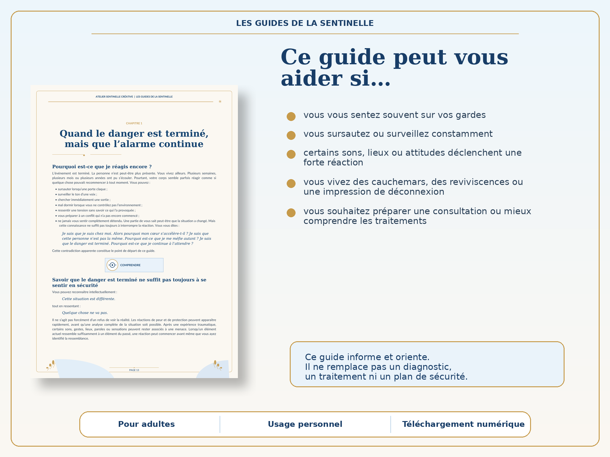 Guide d’hypervigilance, page intérieure avec conseils « si… » et texte structuré.