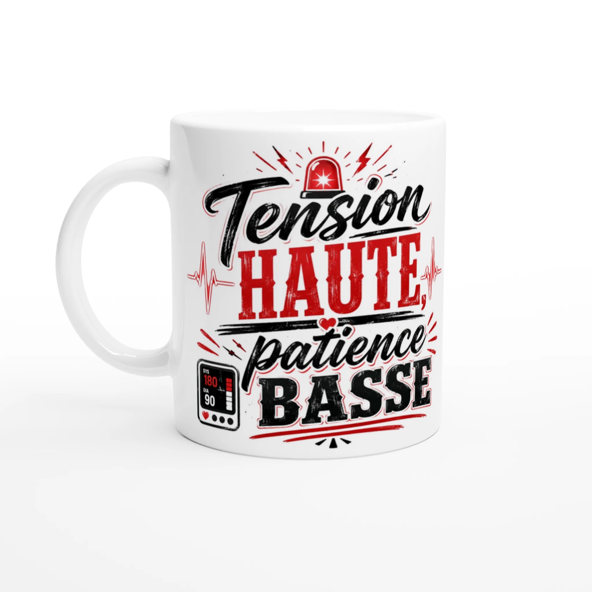 Mug en céramique blanc, gros plan, impression « Tension HAUTE patience BASSE ».