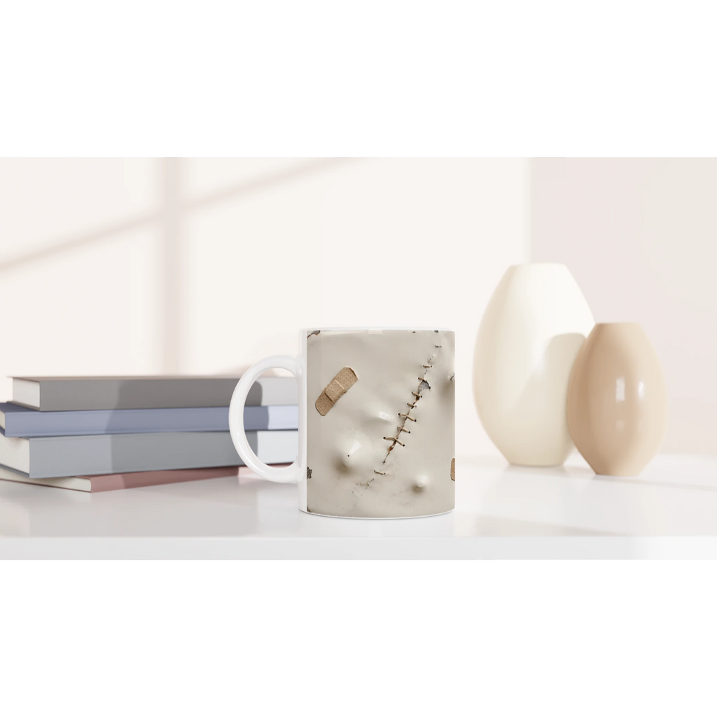 Mug blanc, pansement beige et fils de suture visibles sur la partie centrale