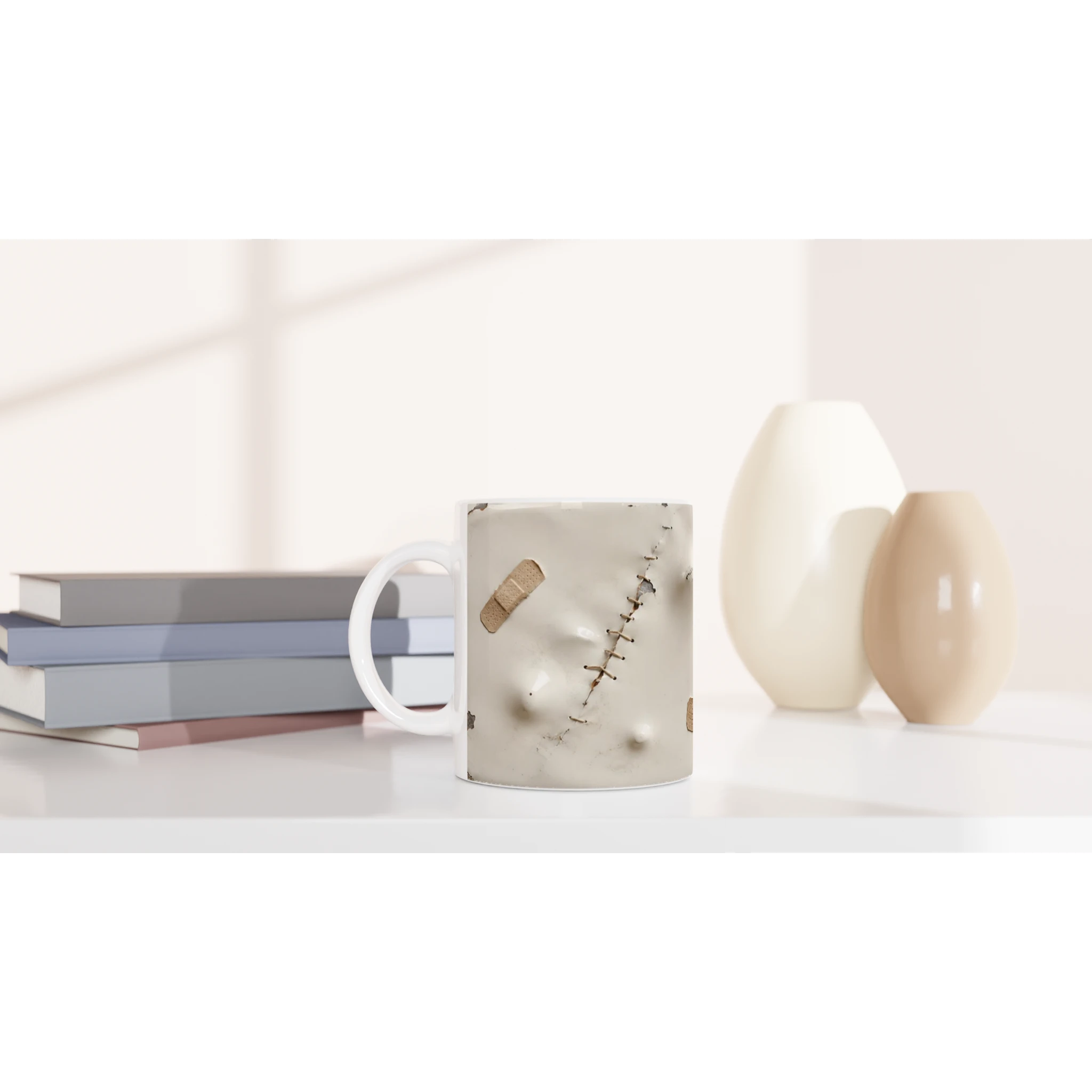 Mug blanc, pansement beige et fils de suture visibles sur la partie centrale