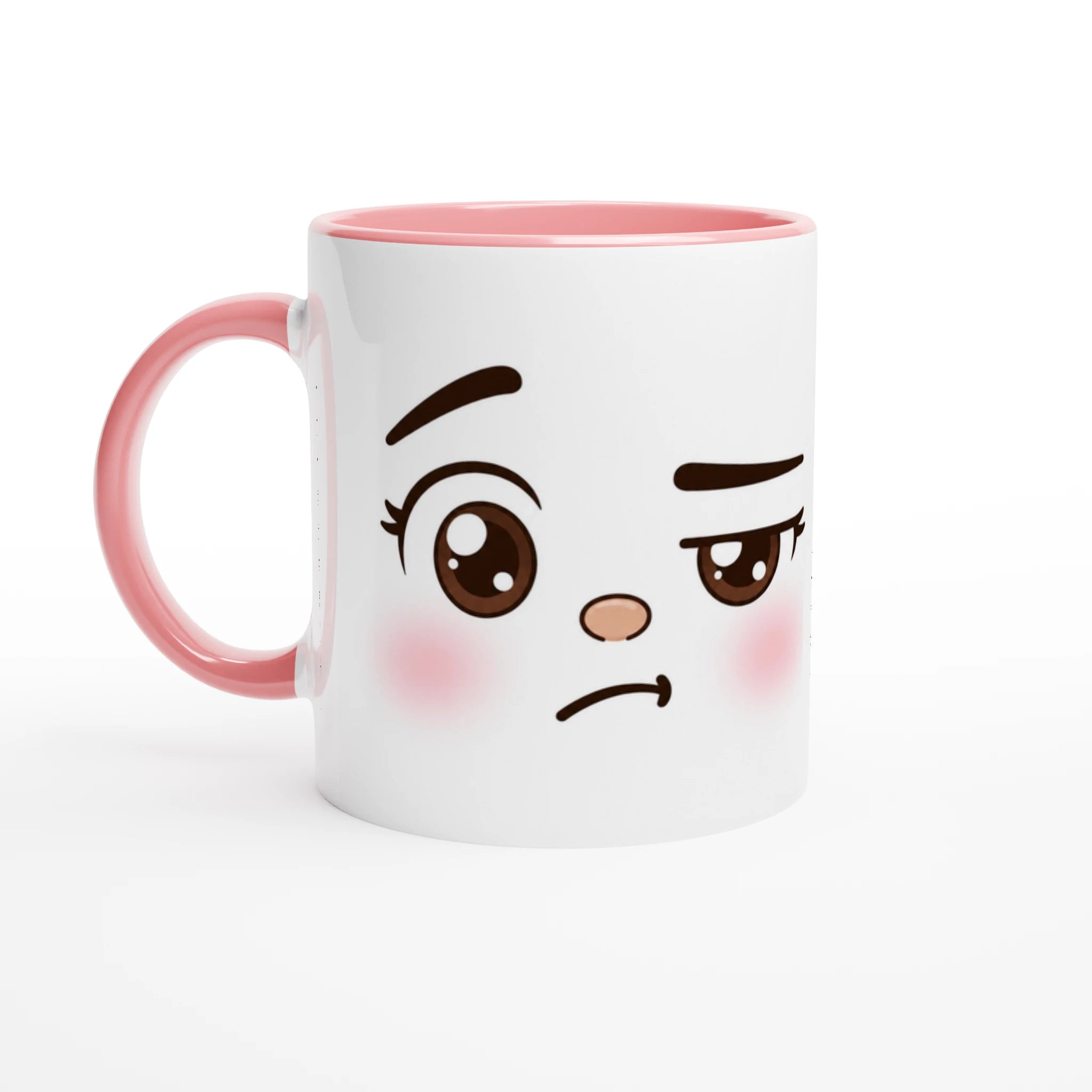 Mug en céramique blanche à visage kawaii boudeur, anses rose pâle et bord intérieur rose