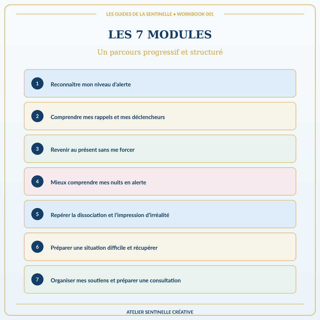 Page “Les 7 modules” avec cases numérotées 1 à 7 : alerte, rappel, organisation du soutien.