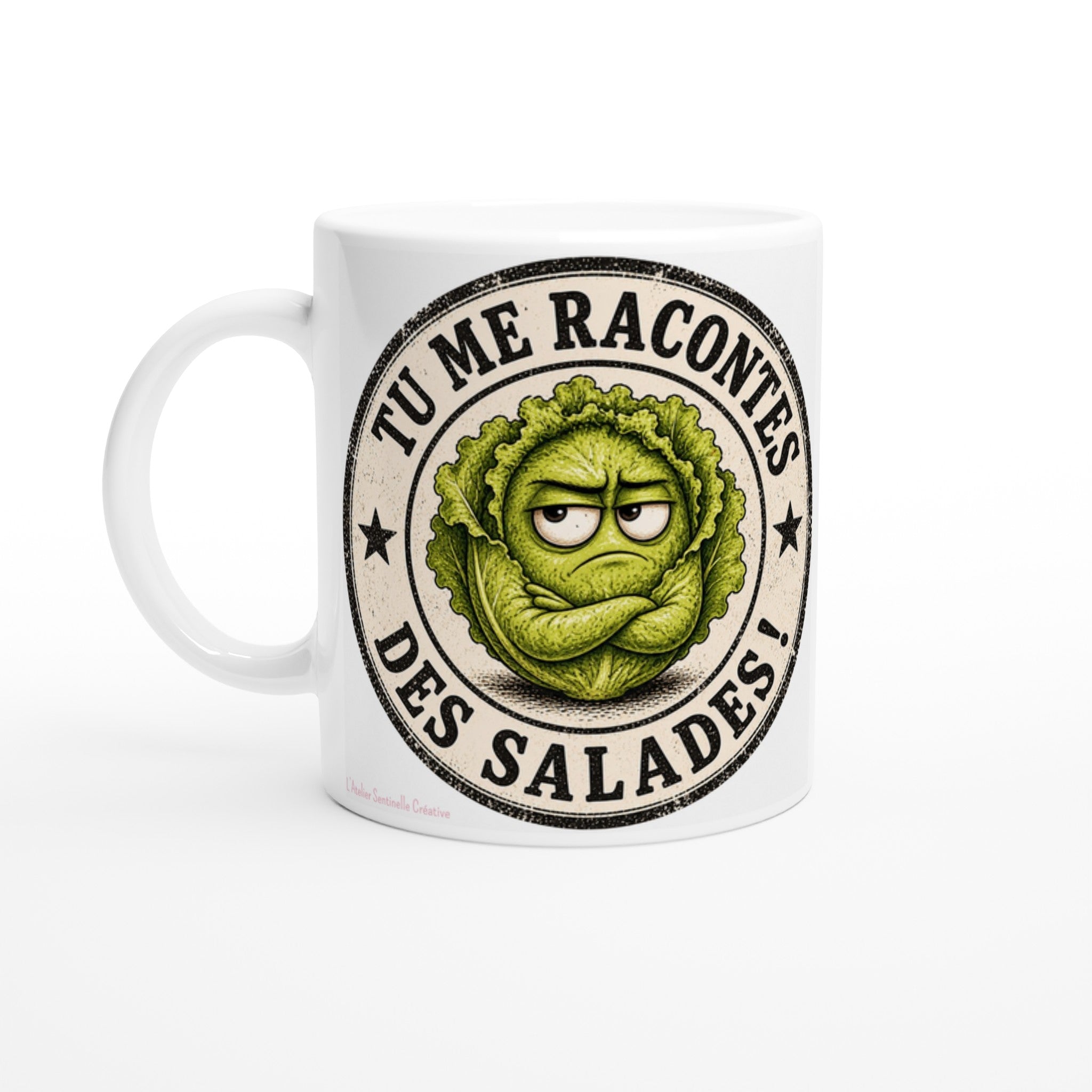 Mug blanc en céramique avec gros logo rond visage de salade verte « Tu me racontes des salades »