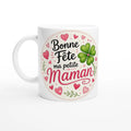 Mug blanc, gros plan sur «Bonne Fête ma petite Maman» avec cœurs rouges et trèfle vert