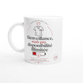 Mug blanc en céramique, inscription « Bienveillance, mais pas disponibilité illimitée »
