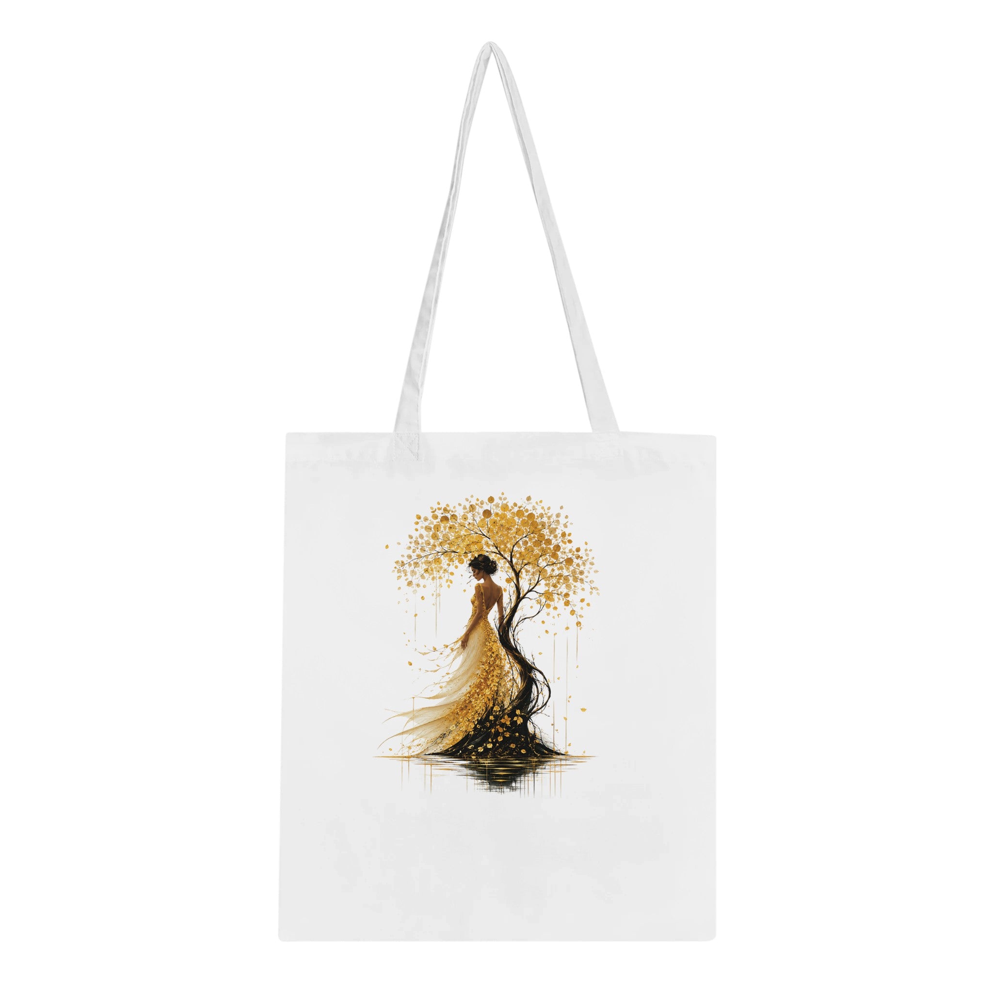 Sac cabas blanc avec motif arbre doré et silhouette de robe, anses longues