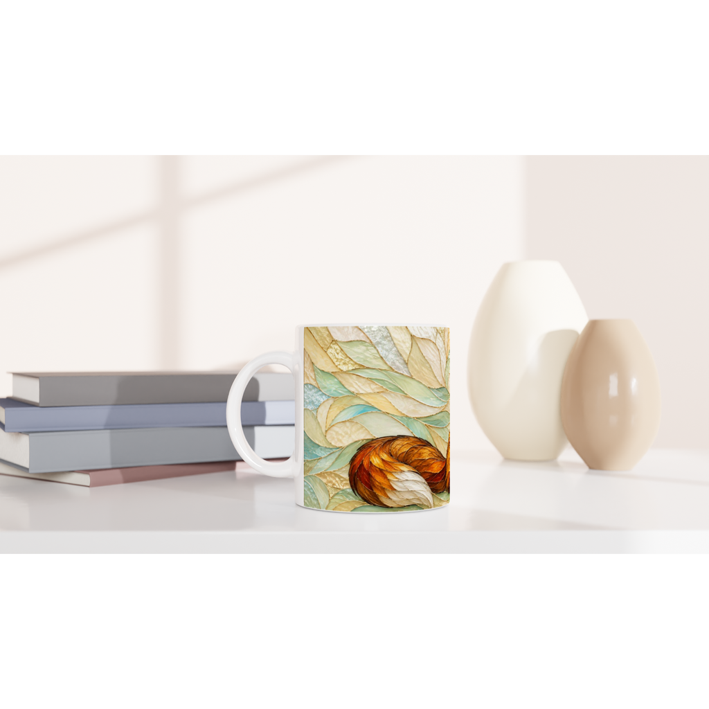 Mug en céramique blanc avec renard roux et feuilles, poignée à droite