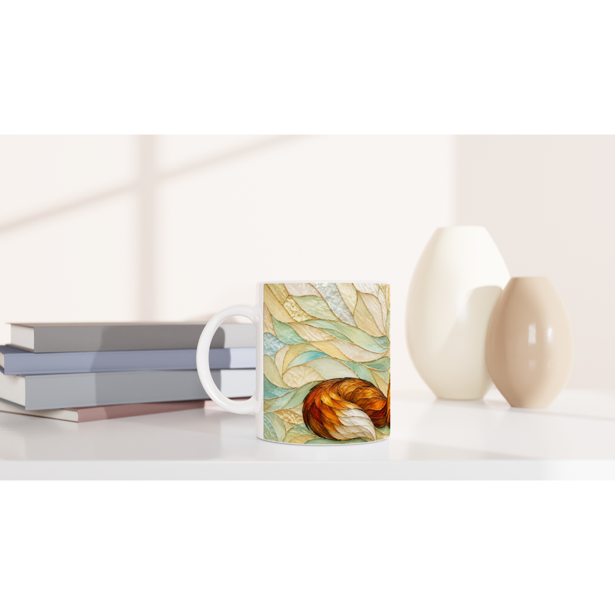 Mug en céramique blanc avec renard roux et feuilles, poignée à droite