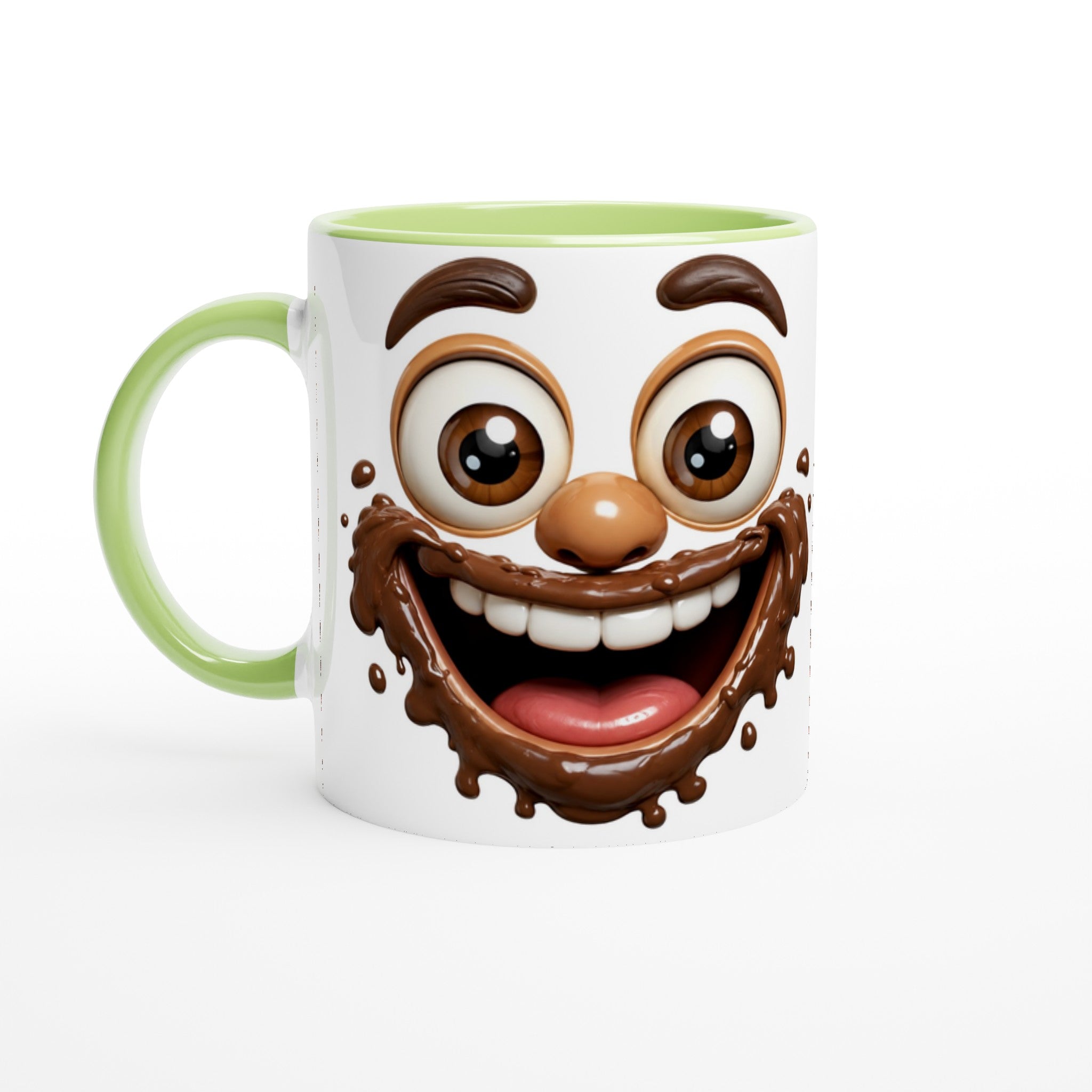 Mug en céramique blanc au visage chocolaté avec anses vert clair et décoration souriante