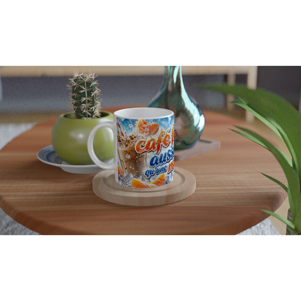 Mug en céramique blanche avec impression bleue et orange, manche blanche