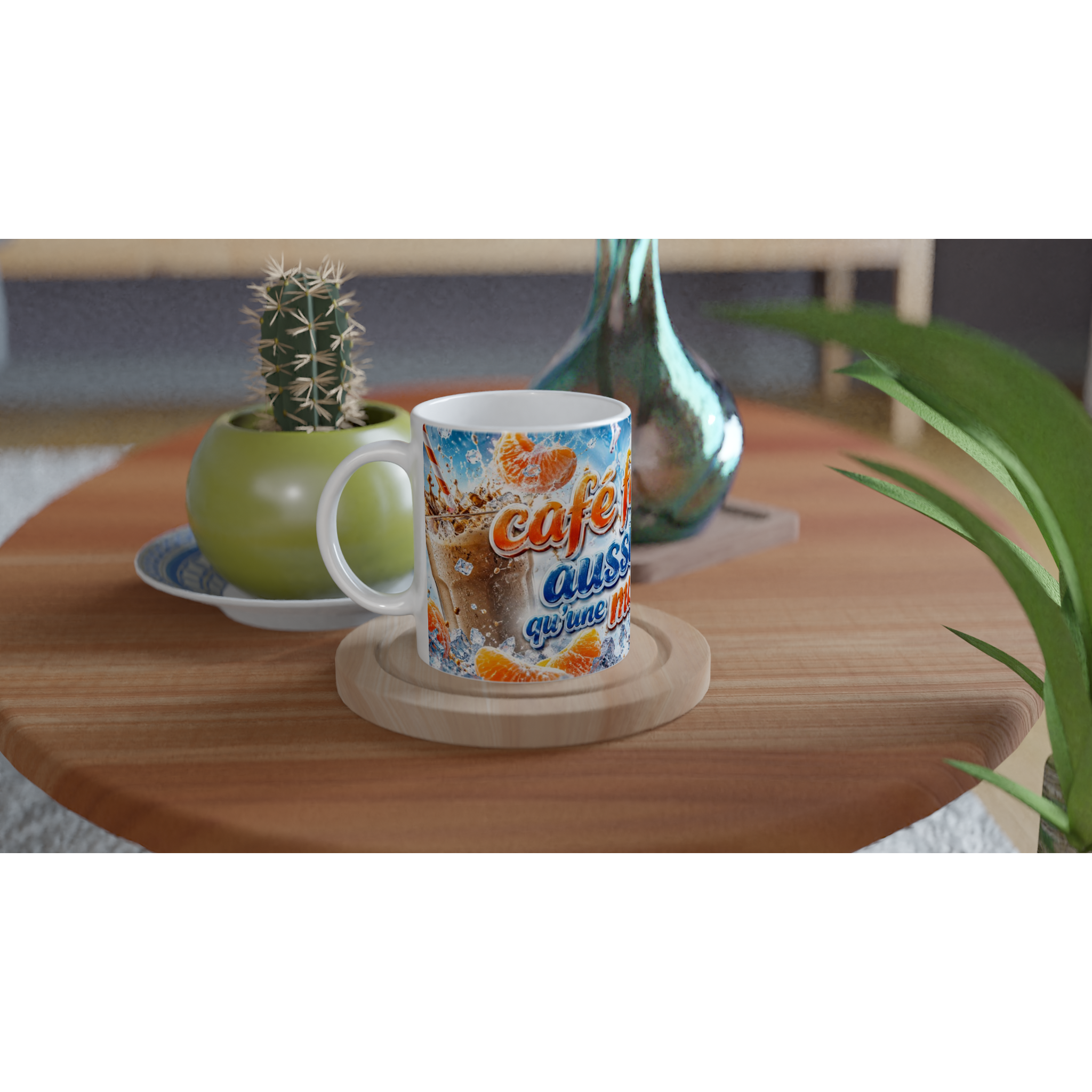 Mug en céramique blanche avec impression bleue et orange, manche blanche