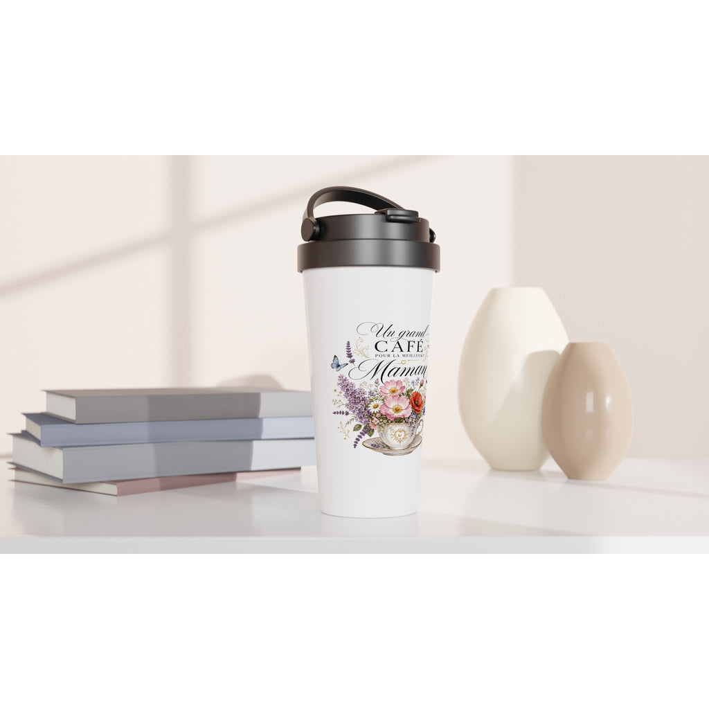 Gobelet thermos blanc à couvercle noir, impression florale « Un grand Café Maman ».