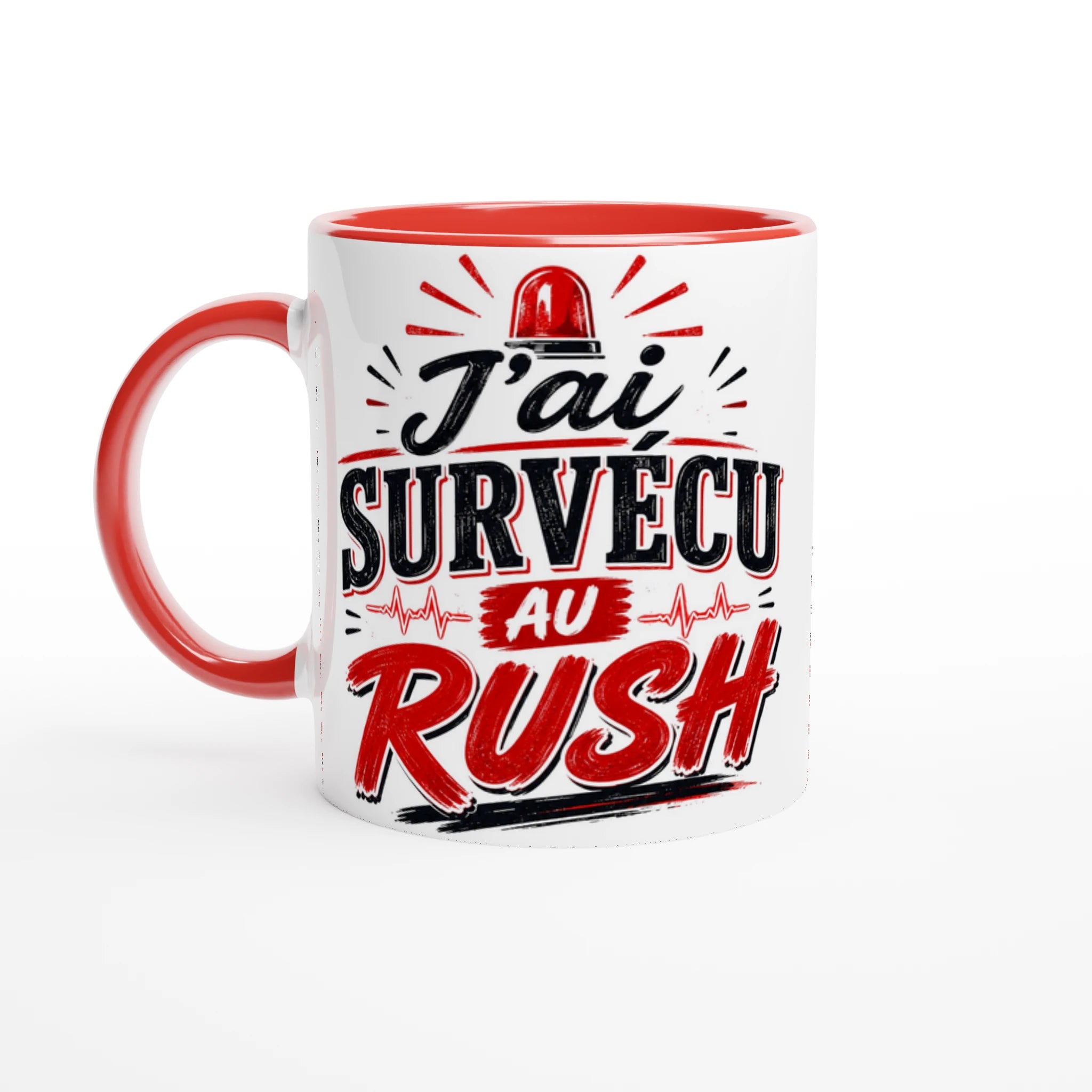 Mug céramique blanc, anse rouge et bord rouge, impression « J’ai survécu au rush ».