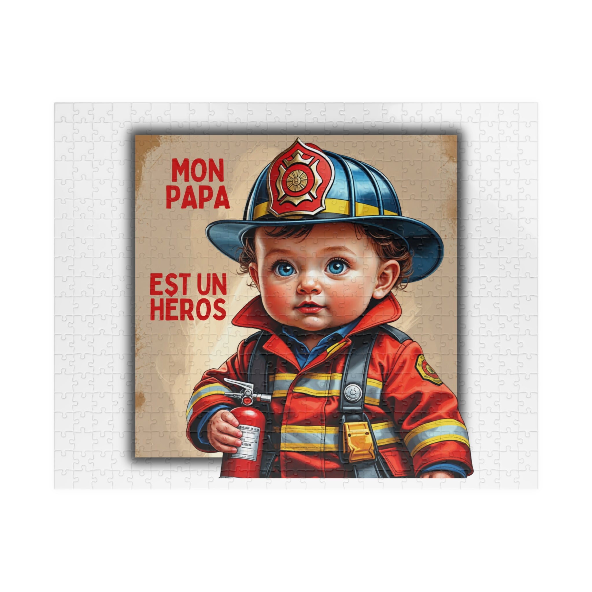 Puzzle assemblé avec bébé pompier tenant une bombe, casque bleu-rouge, « Mon papa »