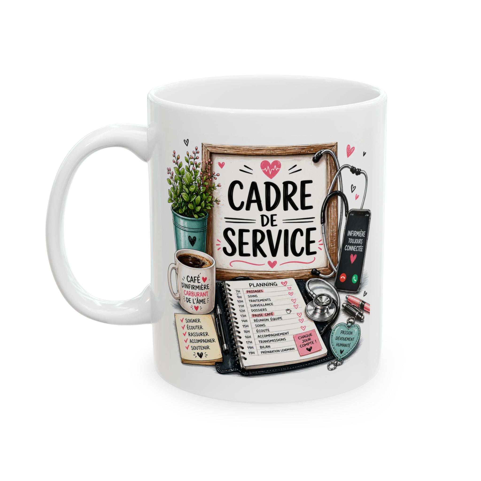 Mug blanc avec anse et visuel “CADRE DE SERVICE”, stéthoscope et planning