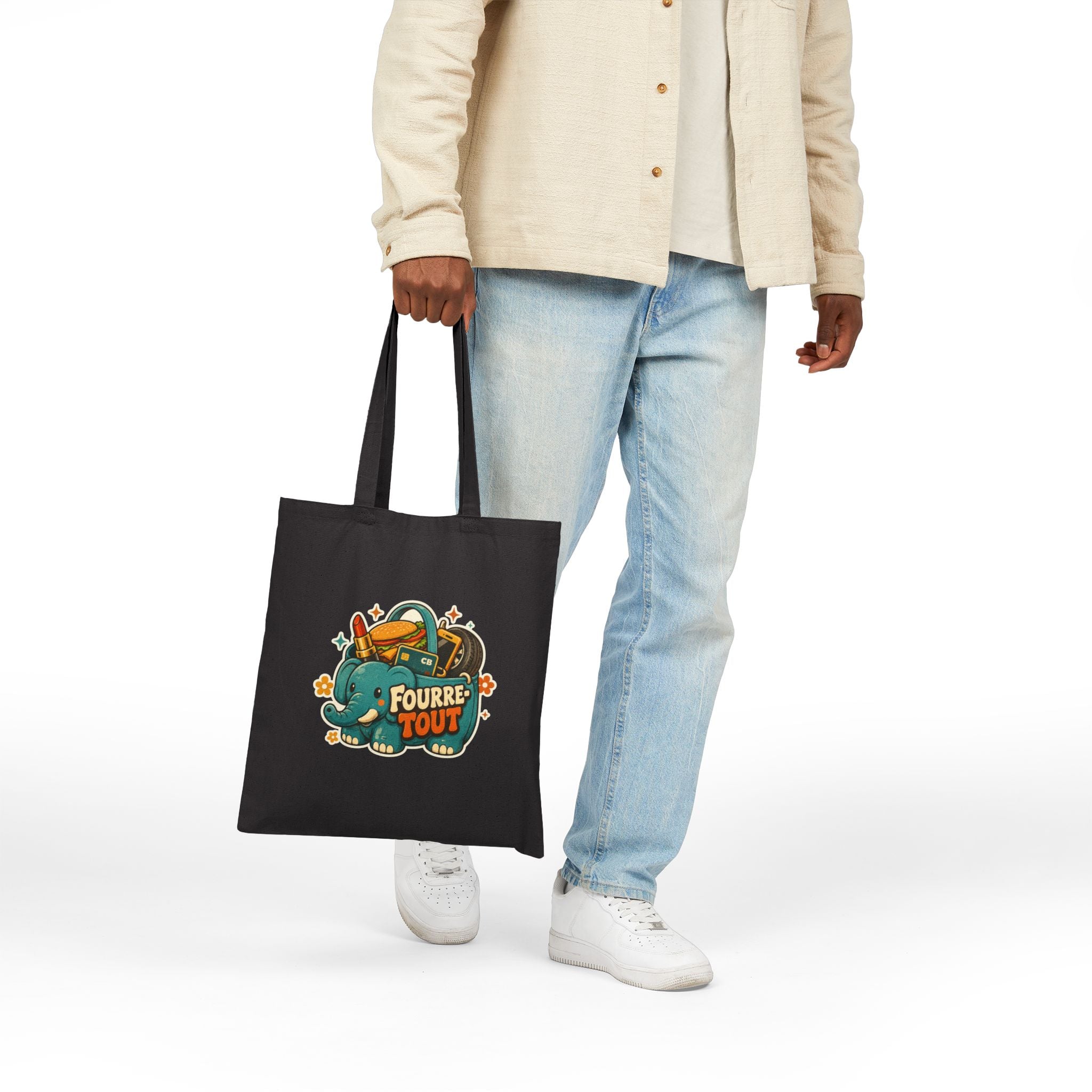 Tote bag noir en tissu, motif éléphant « FOURRE TOUT », anses