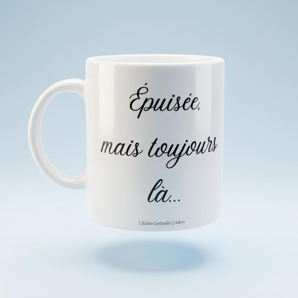 Mug blanc en céramique, poignée, inscription « Épuisée, mais toujours là… »