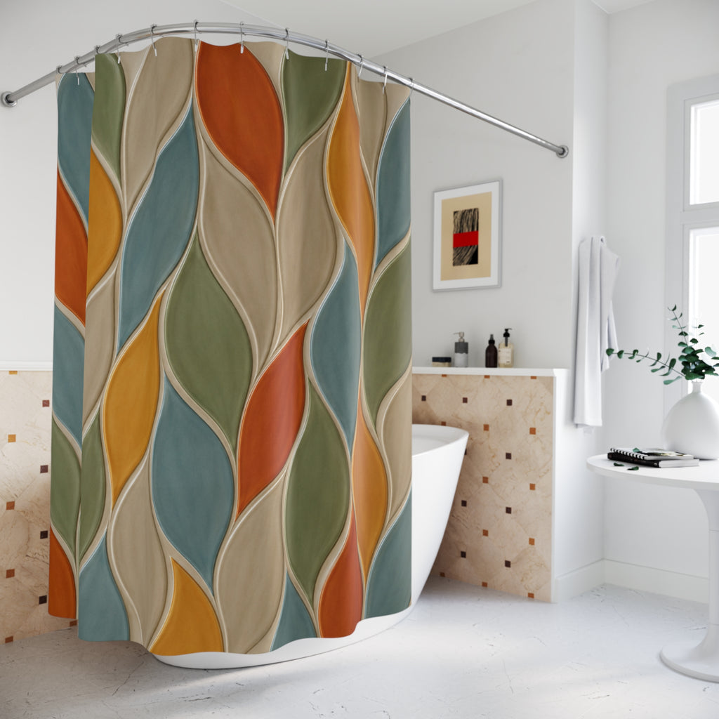 Rideau de douche motifs vagues style vitrail, bleu, vert, beige et orange.