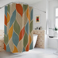 Rideau de douche motifs vagues style vitrail, bleu, vert, beige et orange.