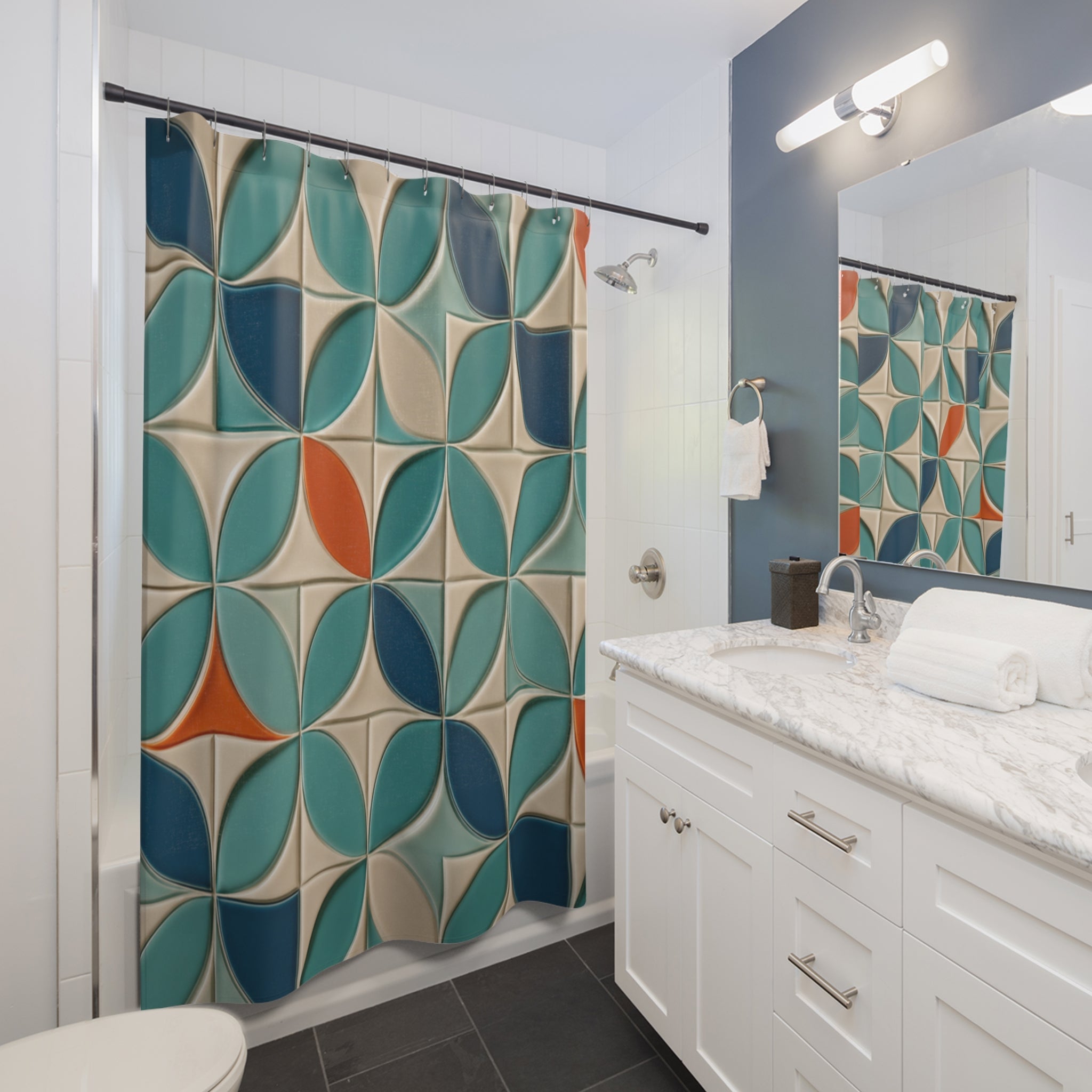 Rideau de douche géométrique vert et bleu, fond beige, accents orange.