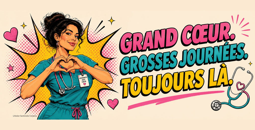 Décor imprimé pour tasse : infirmière, cœurs et texte « GRAND CŒUR… »