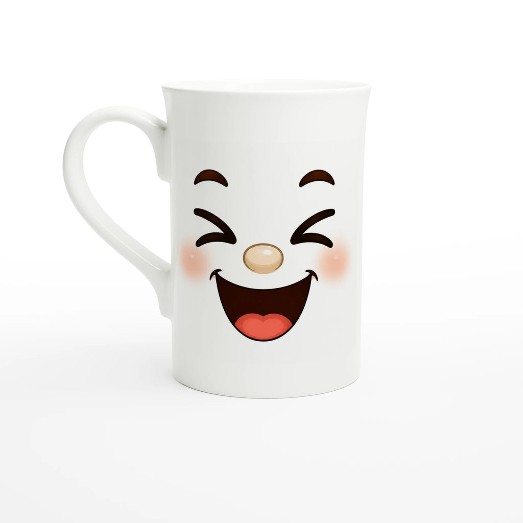 Mug blanc avec visage kawaii souriant, face avant bien visible, anse latérale
