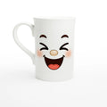 Mug blanc avec visage kawaii souriant, face avant bien visible, anse latérale