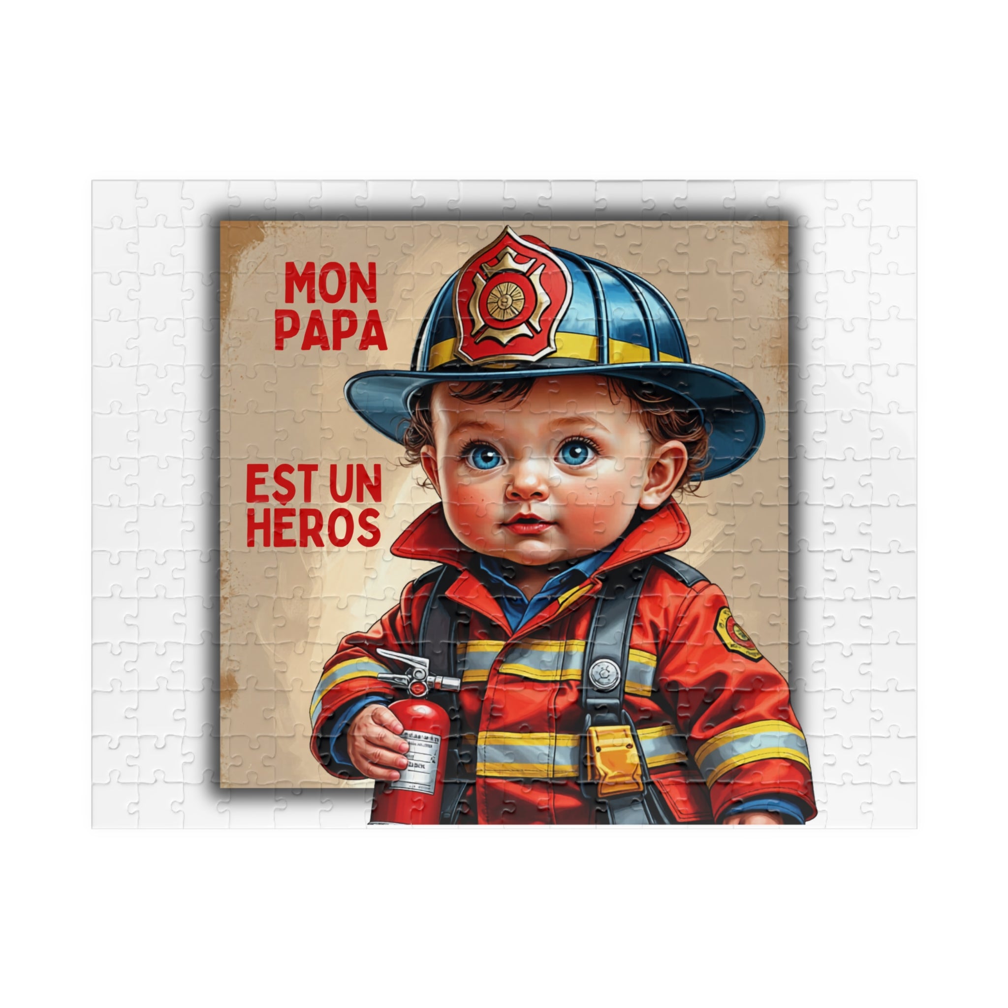 Puzzle assemblé avec bébé pompier, casque bleu-rouge, texte « Mon papa est un héros »