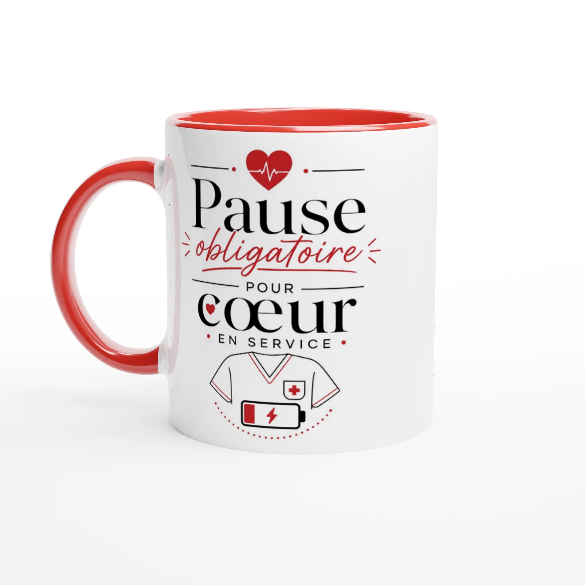 Mug céramique blanche, anse et bord rouges, motif cœur, « Pause obligatoire »