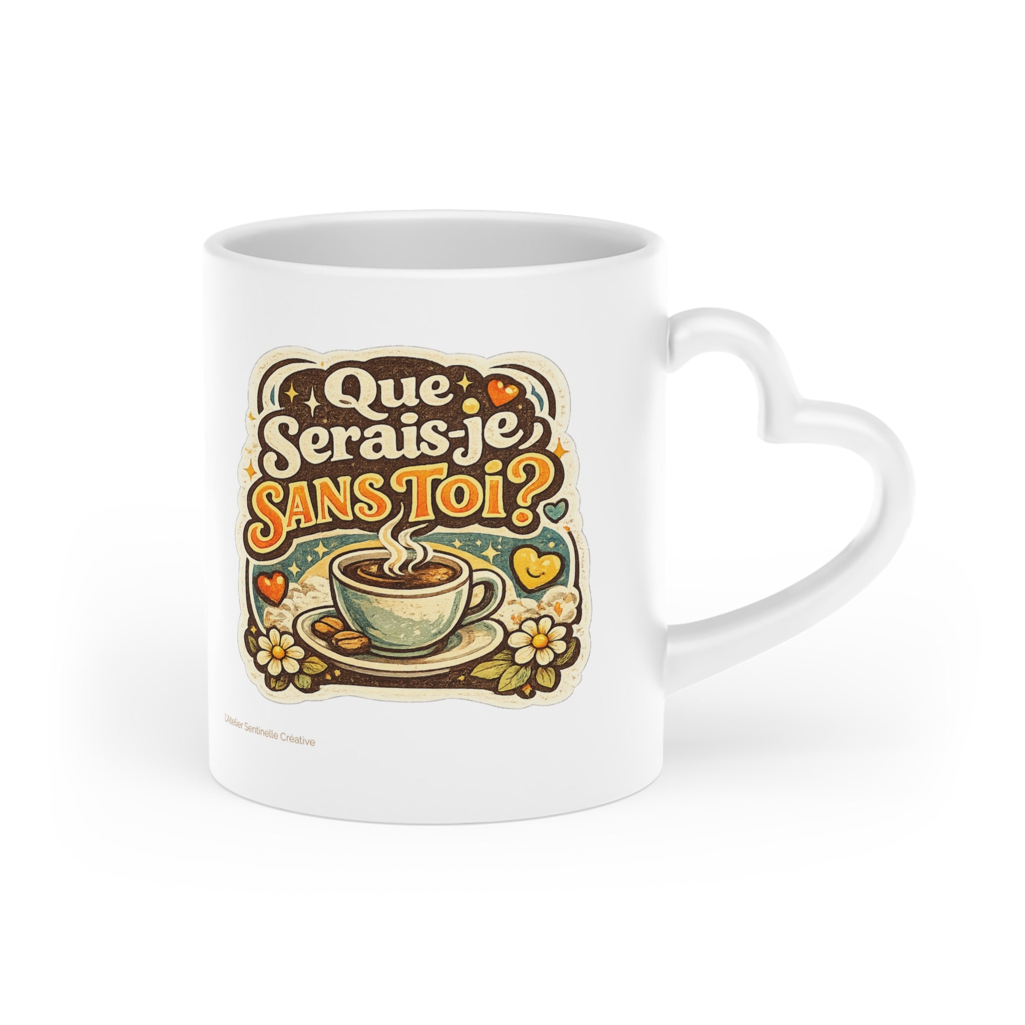Tasse blanche avec anses en forme de cœur et illustration « Que serais-je sans toi ? »