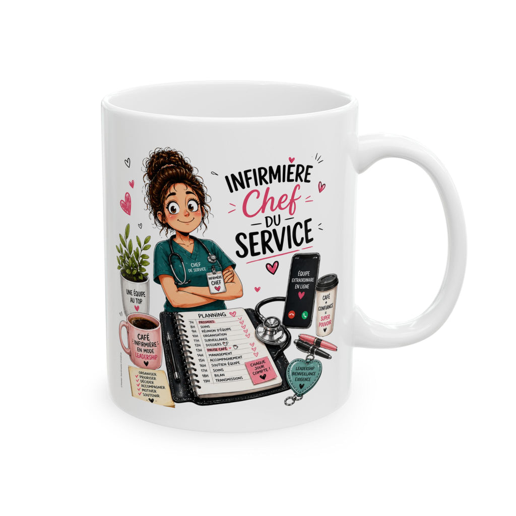 Mug blanc, anse à droite, illustration infirmière « Chef du Service » et planning.