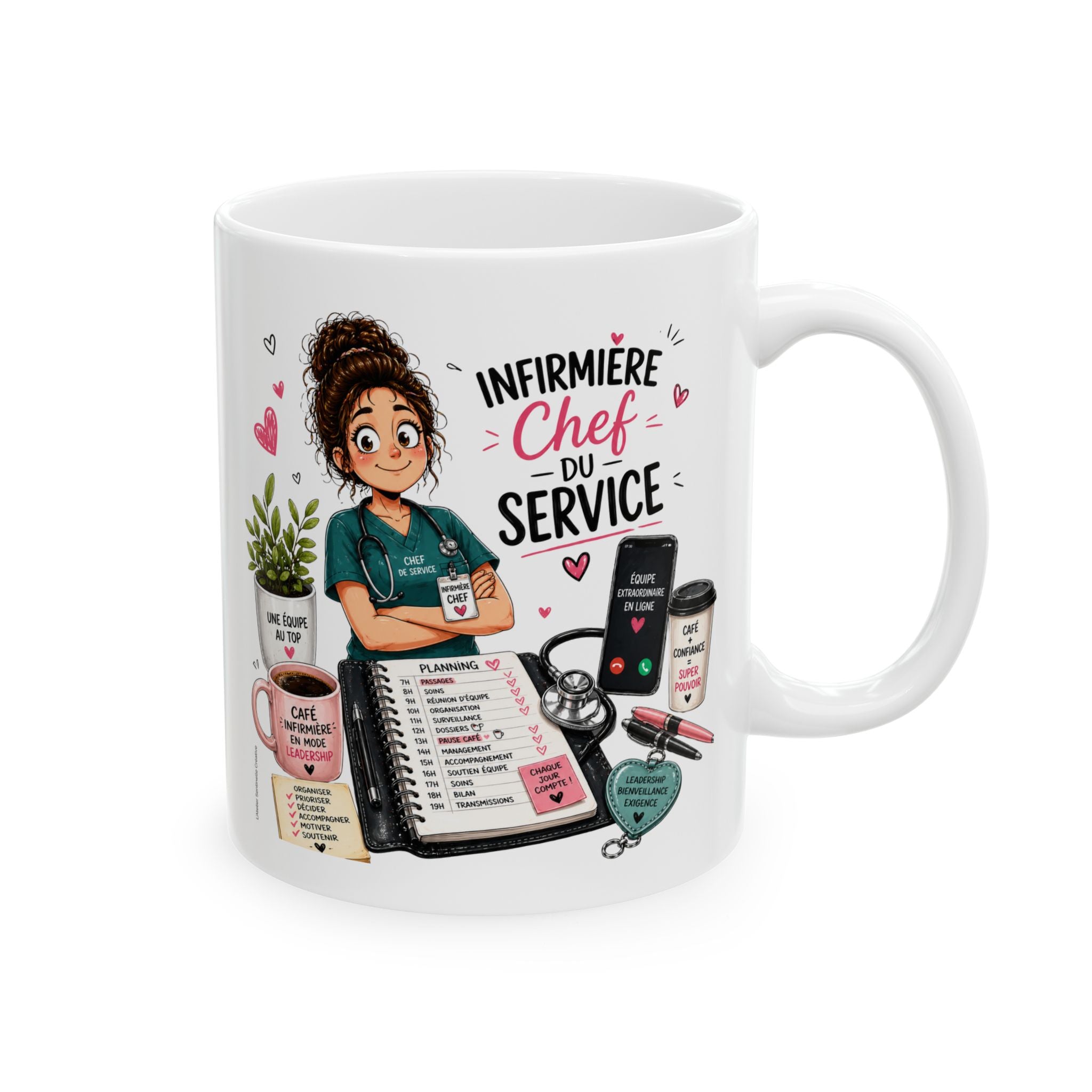 Mug blanc, anse à droite, illustration infirmière « Chef du Service » et planning.