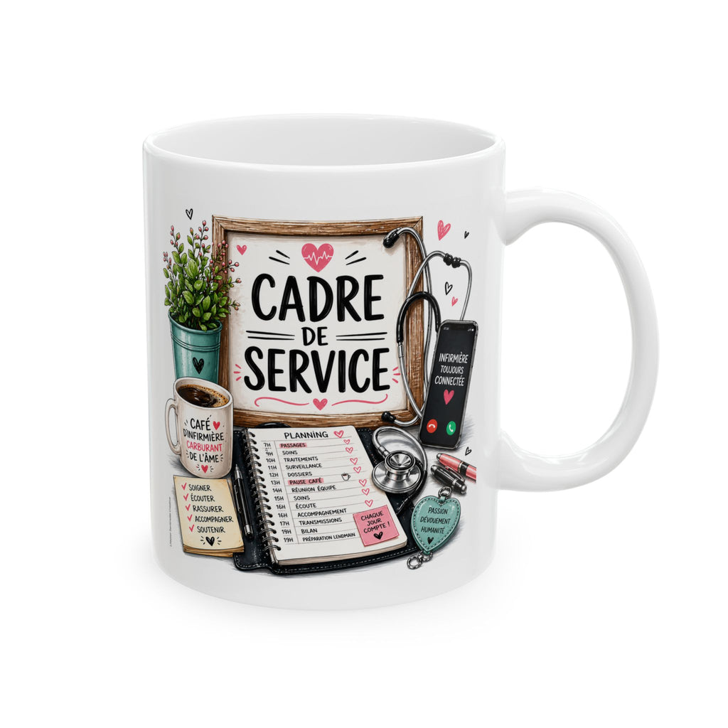 Mug blanc vu de face : texte “CADRE DE SERVICE” et accessoires médicaux décoratifs