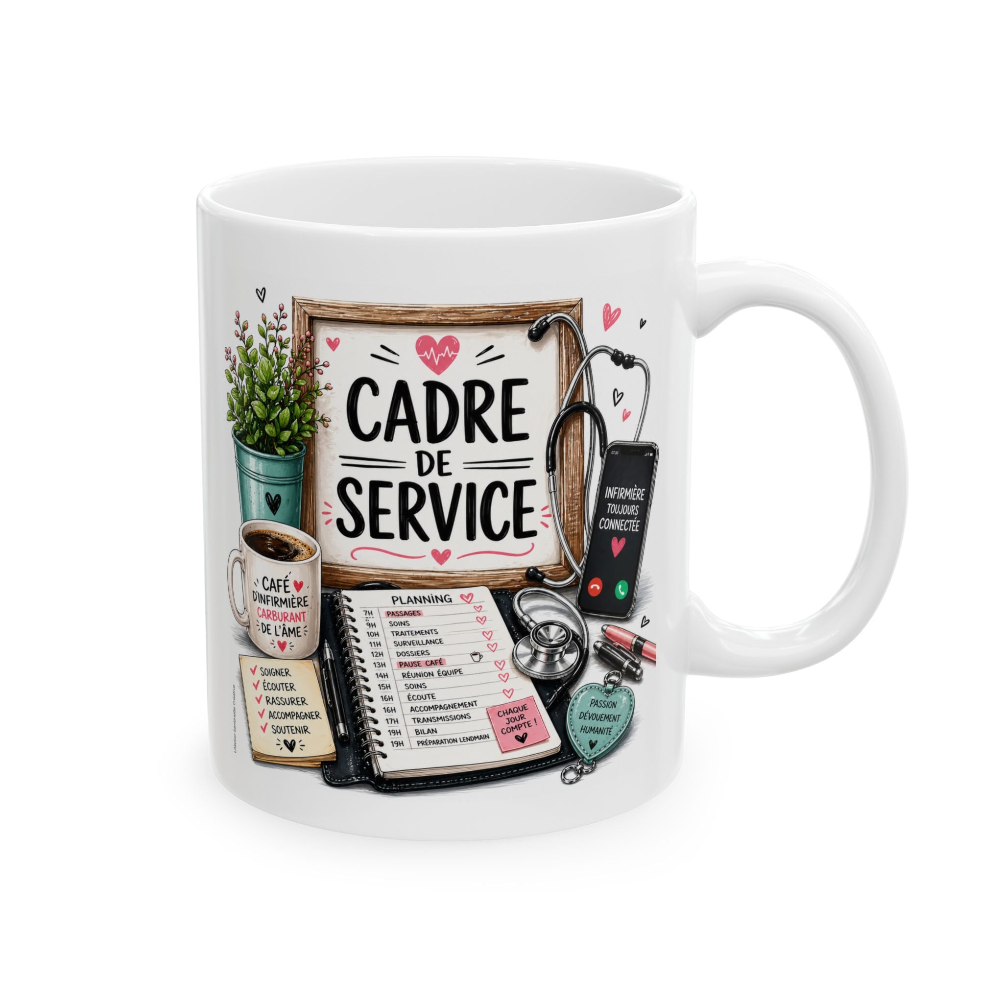 Mug blanc vu de face : texte “CADRE DE SERVICE” et accessoires médicaux décoratifs