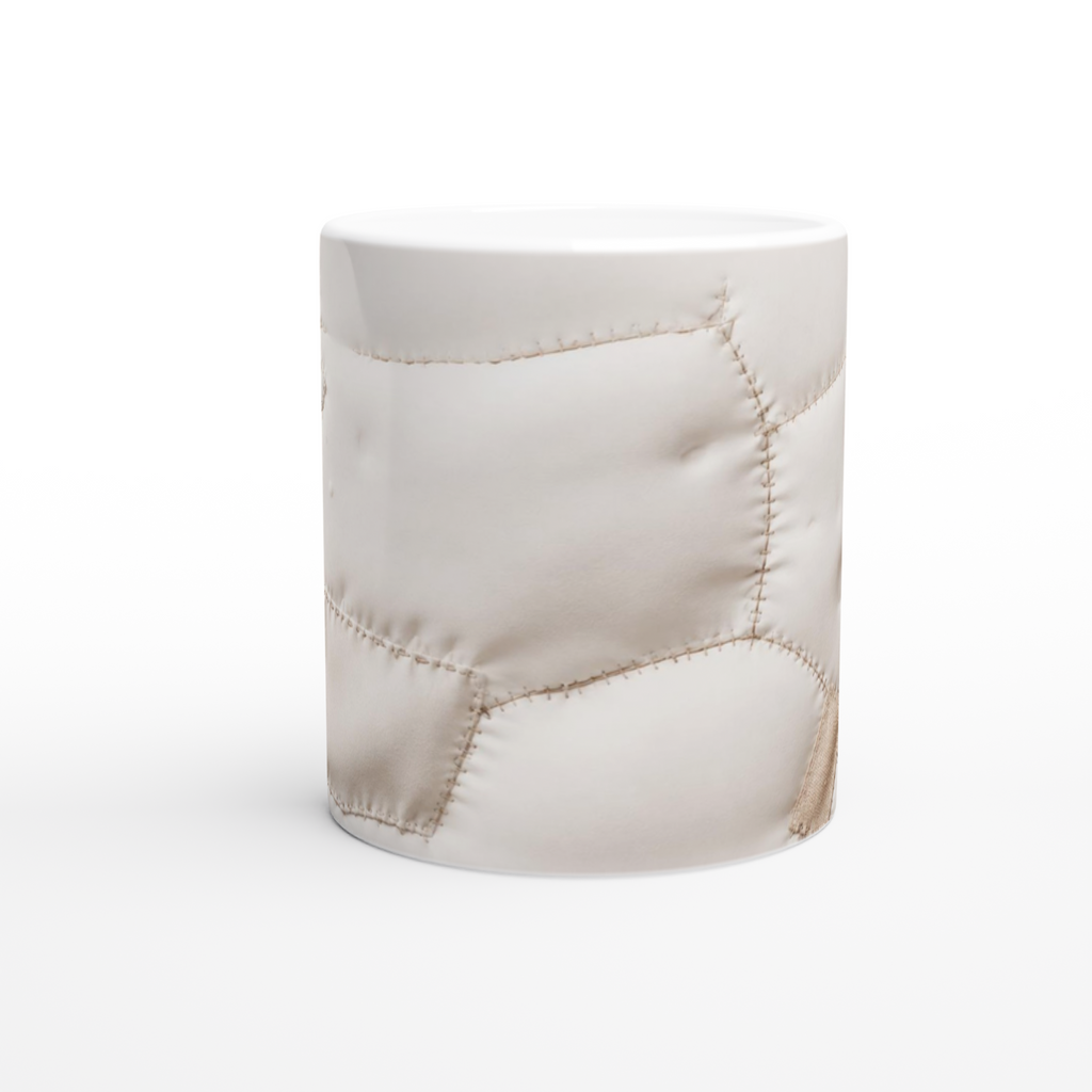 Tasse blanche avec décor trompe-l’œil de coutures et pièces beige, vue arrière.