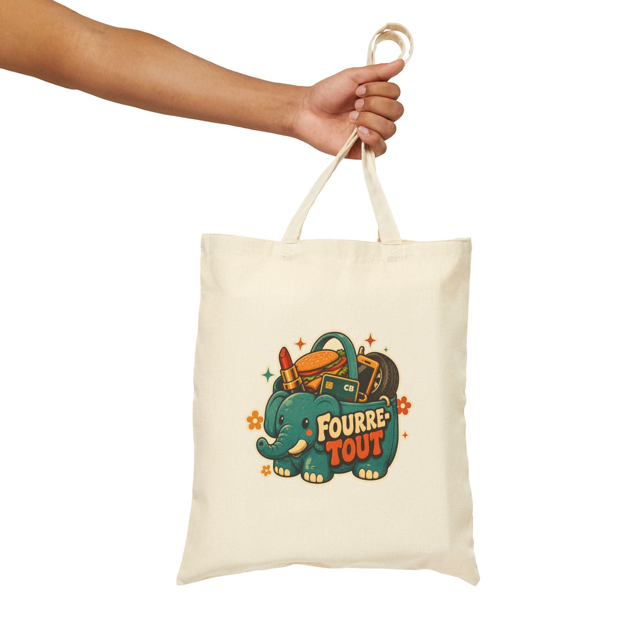 Tote bag en toile naturel avec motif éléphant Fourre TOUT et anses
