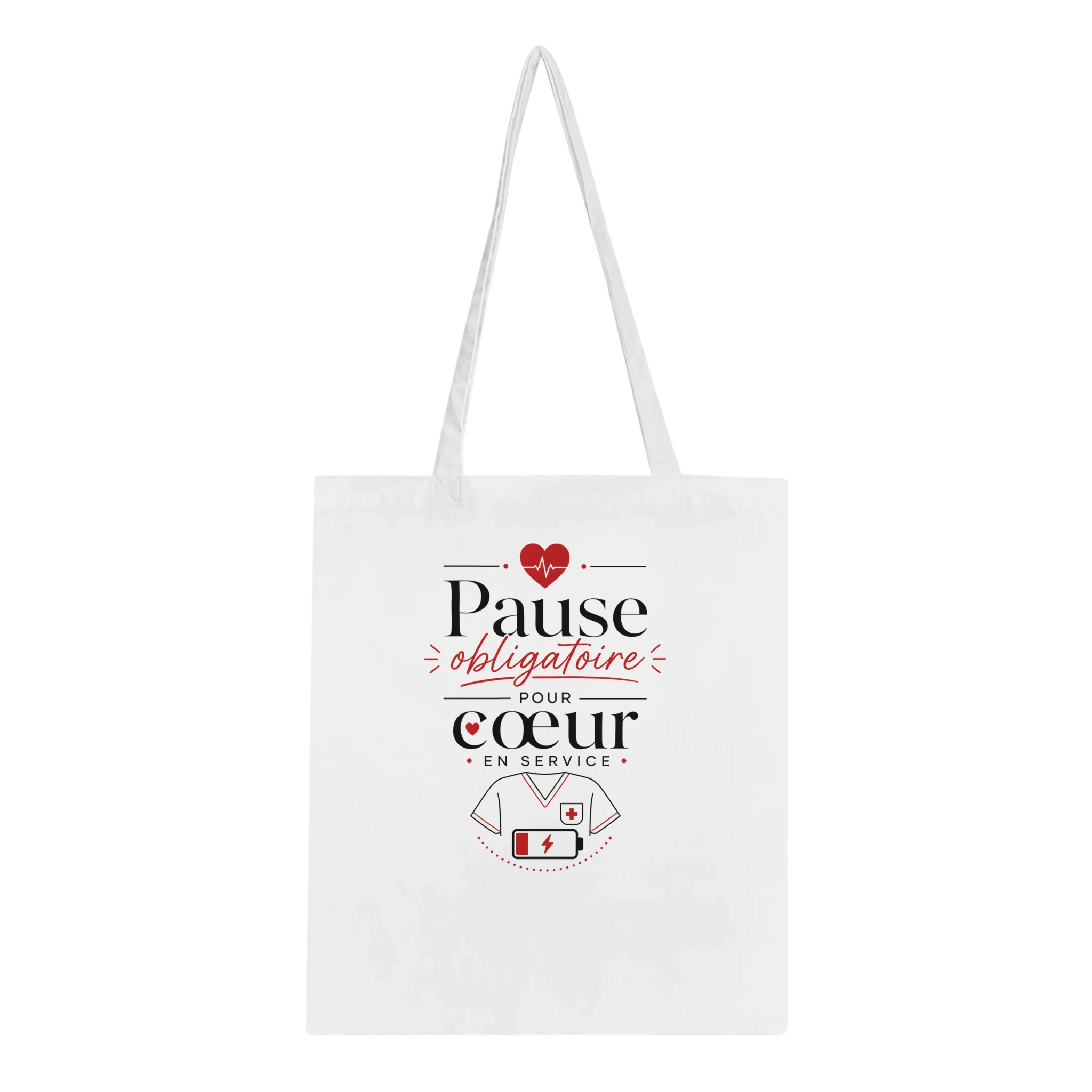 Tote bag blanc avec inscription « Pause obligatoire » et cœur infirmier rouge